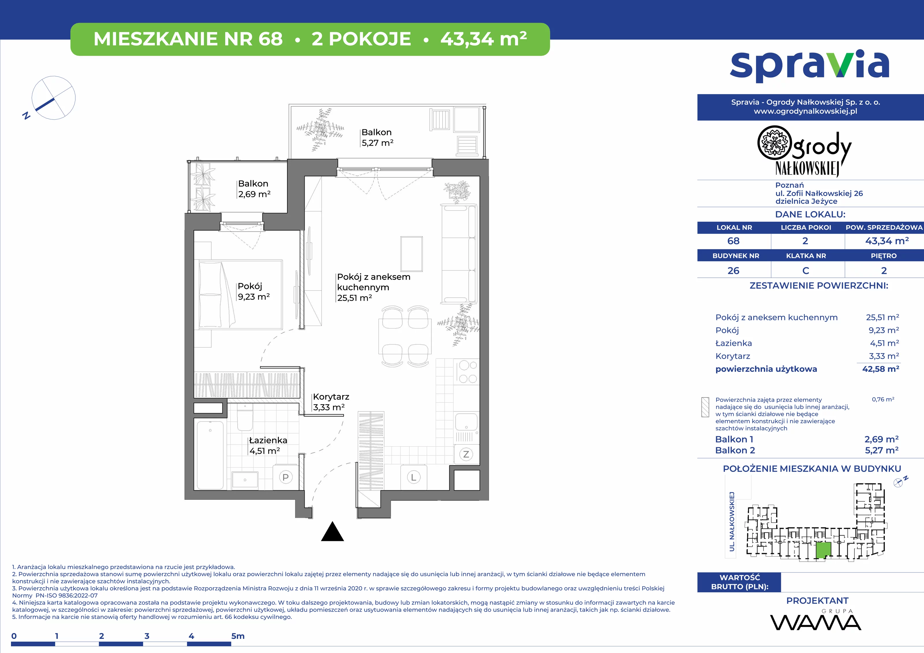 2 pokoje, mieszkanie 43,34 m², piętro 2, oferta nr 26-68, Ogrody Nałkowskiej, Poznań, Ogrody, ul. Nałkowskiej 24, 26